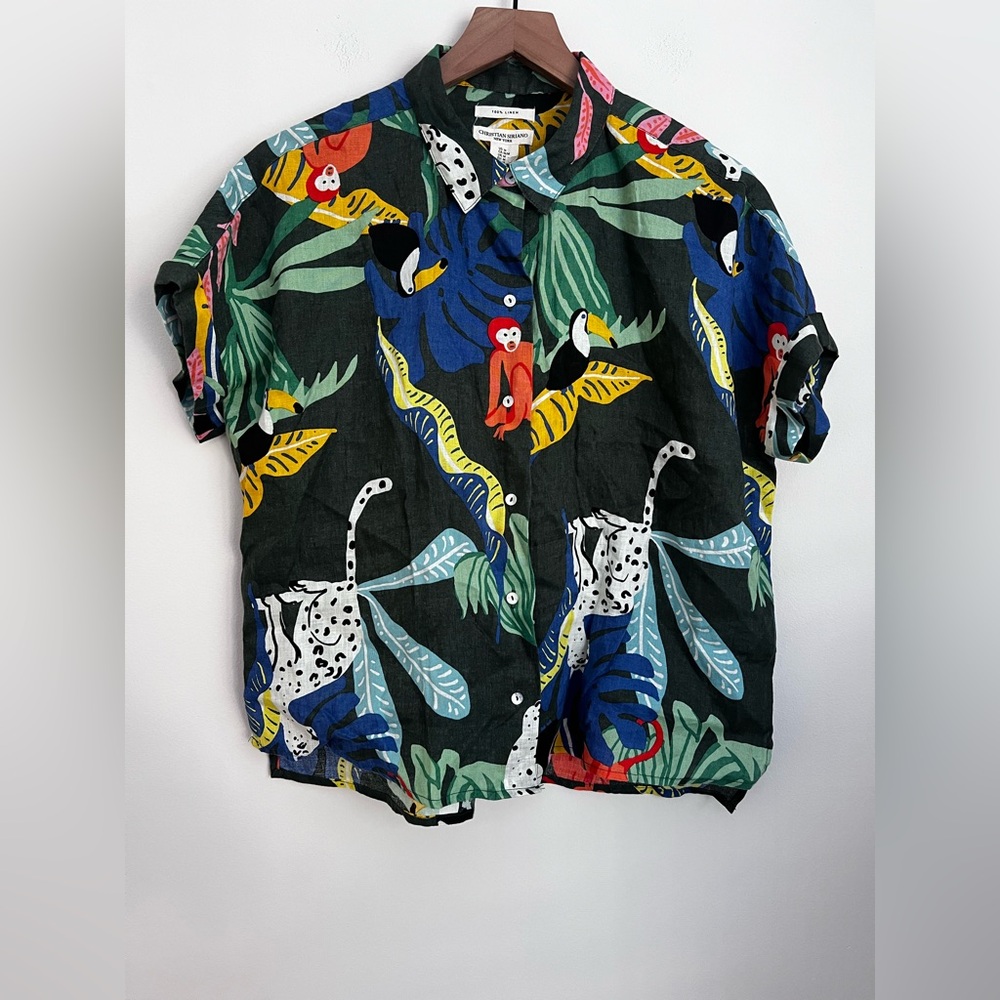 Christian Siriano Linen button up shirt short sleeve tropical toucan bird print